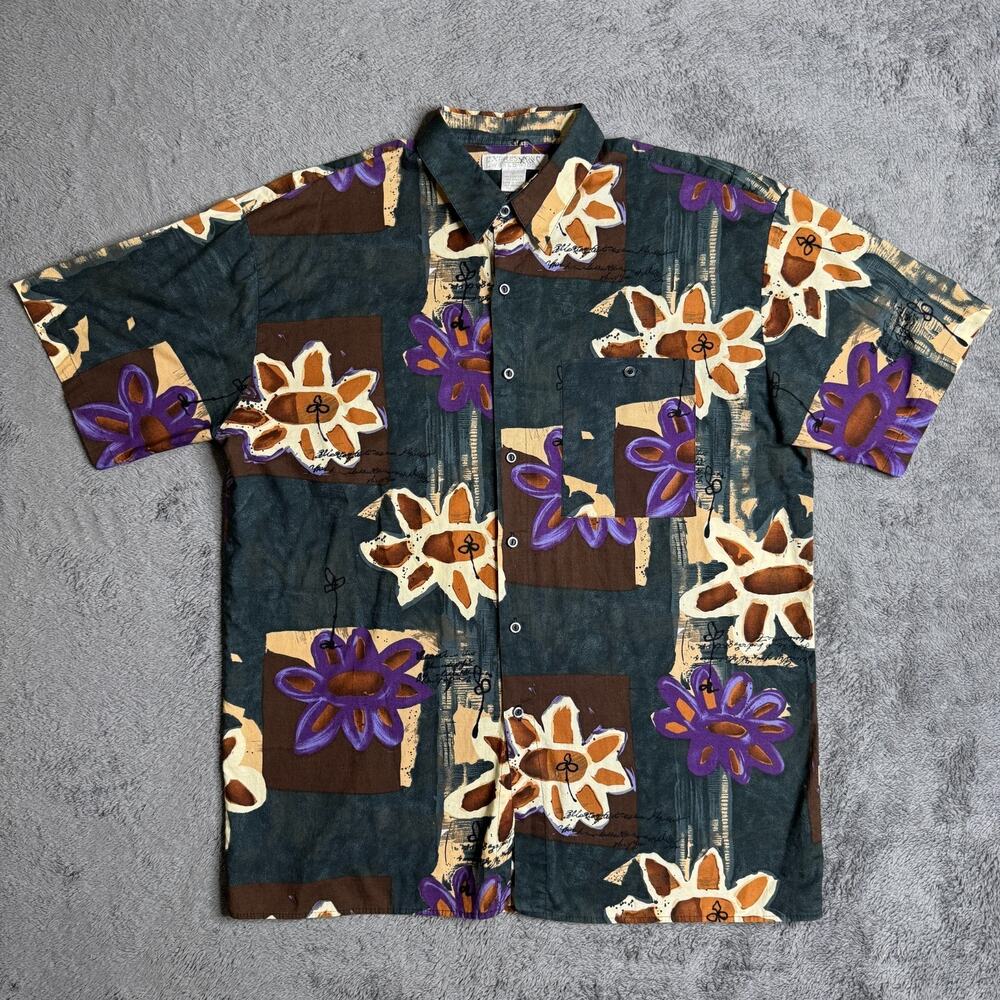 Vintage 90s Hawaiian Shirt Tropical Floral Mens L Cotton Expressions Worldwide